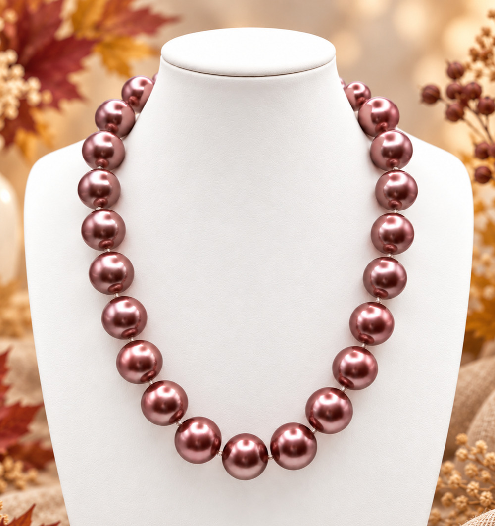 Oversized Rose Copper Faux Pearl Necklace Hand Knotted Chunky Statement 16"